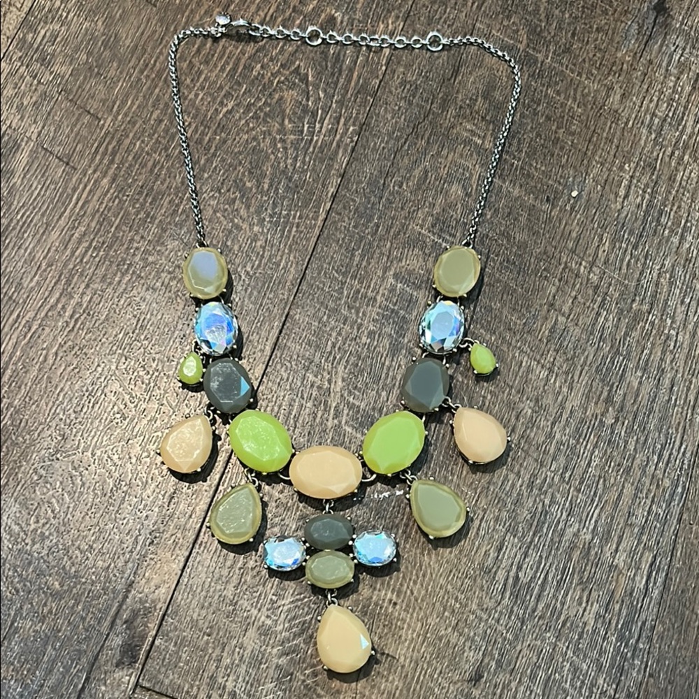 J Crew Silver Tone Green Peach Statement Bib Necklace